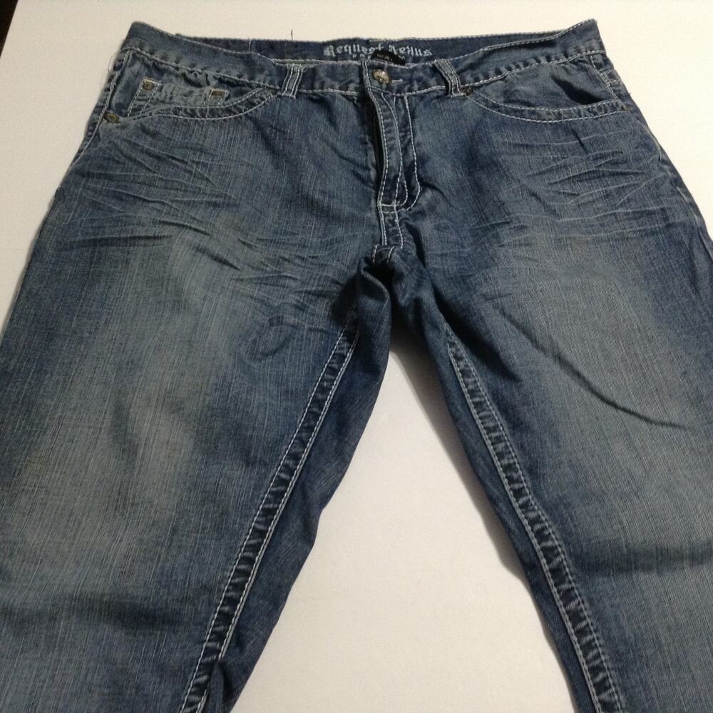 Request Jeans Premium Men's 36x30 Blue Denim Heavy Stitch Distressed Bootcut Y2K